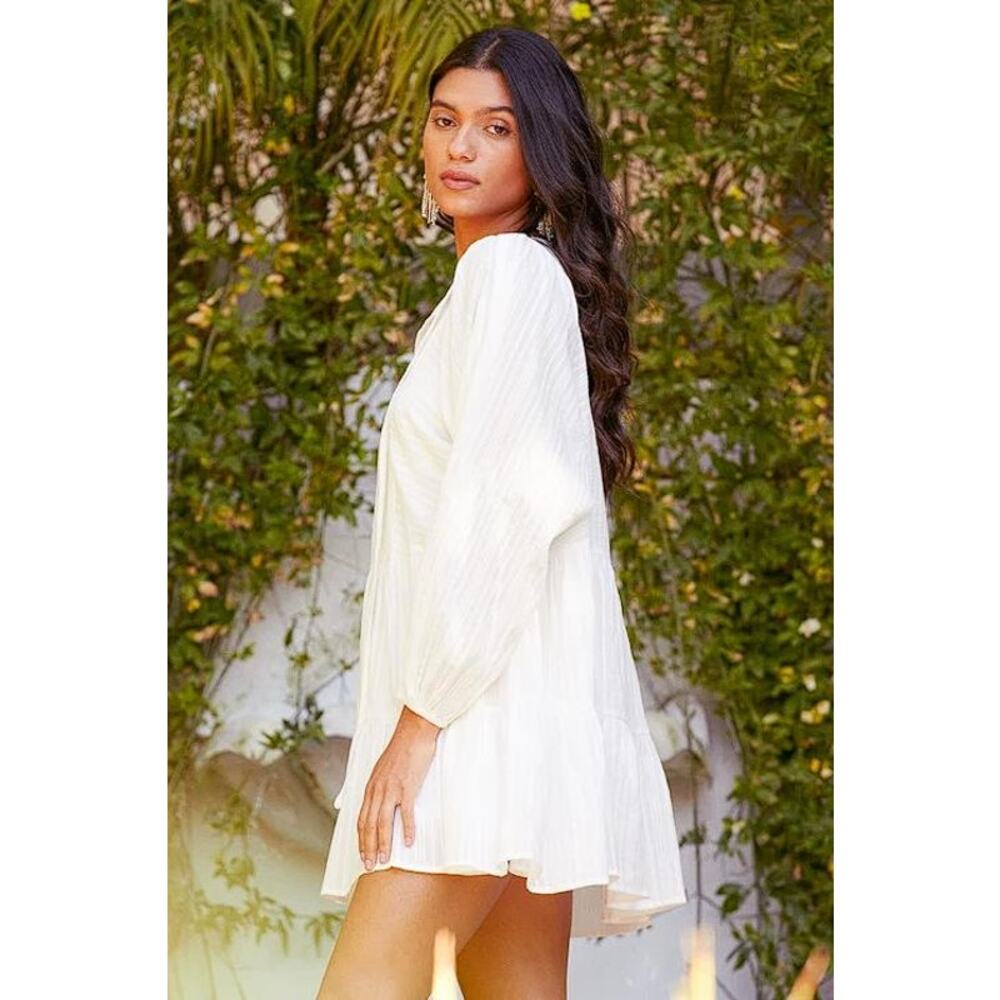 LULUS Women's Coastal Moment White Long Sleeve Tiered Mini Dress - Picture 2 of 13